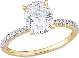 Mimi & Max 2ct DEW Created White Moissanite and 1/10ct TW Diamond Oval Solitaire Engagement Ring in 14k Yellow Gold