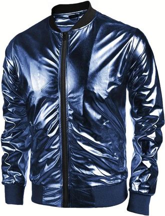 Generic Mens Metallic Nightclub Jacket Slim Fit Zip Up Varsity Baseball Bomber Shiny Party Dance Disco Jackets Blue