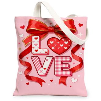 Generic ValentineS Day Hearts Canvas Tote Bags, Cute Bow Design Reusable Shopping Bags, Lightweight Washable Shoulder Strap Canvas, Peach, 13x15 Inch