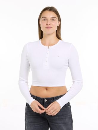 Tommy Jeans Langarmshirt TOMMY JEANS TJW CRP HENLEY TOP LS, Damen, Gr. XL (42), weiss (wei&szlig;), Single Jersey, Obermaterial: 95% Baumwolle, 5% Elasthan, unifarben, 
