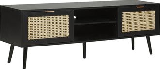Beliani Beliani - Mueble De Tv De Rat&aacute;n Frontal De Mimbre Mdf Madera De Caucho Negro Patas 2 Vitrinas Estantes Abiertos Sala De Estar De Estilo Boho Negro Opo