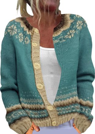 Generic Cardigans for Women UK Vintage Fair Isle Sweaters Lightweight Open Front Cardigan Casual Long Sleeve Button Down Sweaters Ladies Loose Comfy Coat Autu