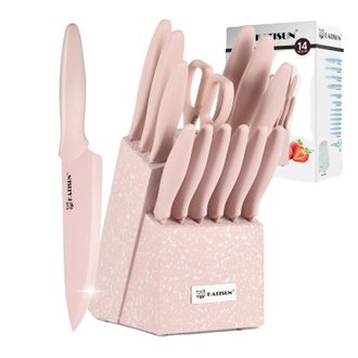 OEM Juego De Cuchillos De Cocina, Hojas De Acero Al Carbono, Mangos Ergon&oacute;micos, Color Rosa