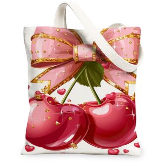 Generic Cherries Bow Canvas Tote Bags, Fruit Design Reusable Grocery Bags, Festive Lightweight Washable Shoulder Strap Canvas for T, Peach, 13x15 Inch