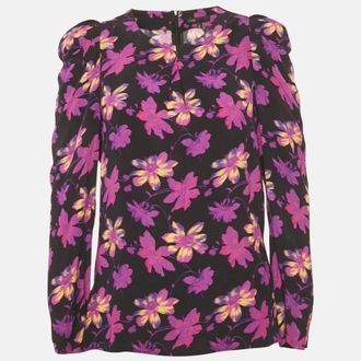 Maje Black Floral Print Crepe Puff Sleeve Blouse