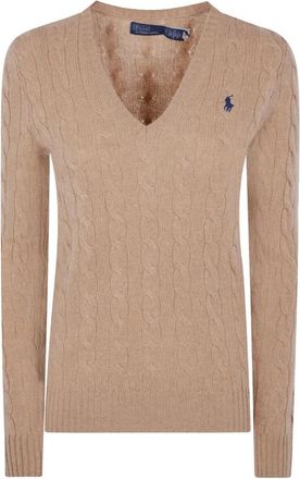 Ralph Lauren Trui met V-hals van Kabelgebreid Wol-Cashmere - Dames - V-hals truien - Beige - XS - Wol - Truien & Vesten