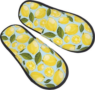 Generic Fleece Slippers Cute Lemon Leaves Blue Reusable Fluffy Slippers Soft Cotton Slipper For Travel Hotel Guest Room M