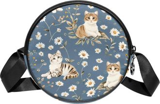 Generic Circle Crossbody Bag for Women, Cats Daisies Small Sling Bag Daypack with Zipper Adjustable Shoulder Straps Casual Ladies Girls Round Purse