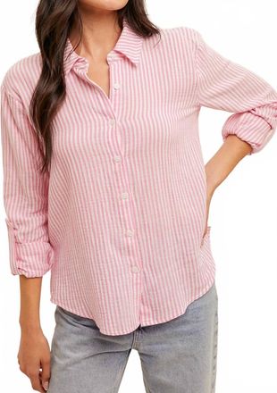 Hem & Thread Double Gauze Oversized Button Down Stripe Shirt In Hot Pink