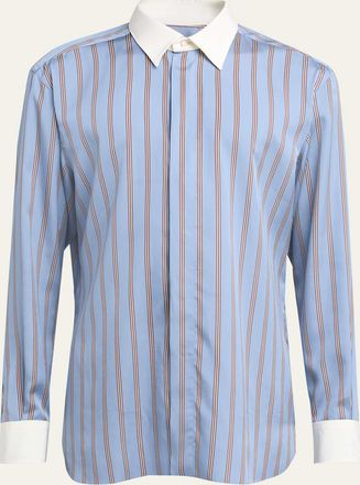Tom Ford Mens Stripe Silk Contrast-Trim Sport Shirt