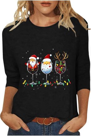 Generic Ladies Christmas T Shirts Xmas Top Print Sweatshirt T Shirts for Women Womens 3/4 Sleeve Jumper Funny Pullover Top Casual Christmas Jumpers for Women 