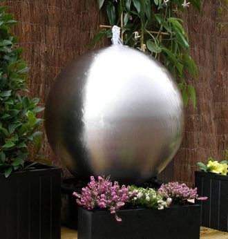 PRIMROSE Stainless Steel Water Feature Sphere With LEDs Reservoir 75cm in Metallic Silver