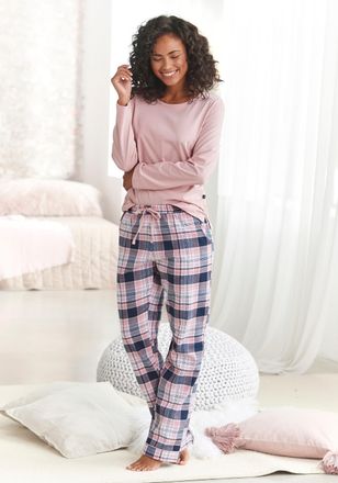 H.I.S Pyjama H.I.S, Damen, Gr. 38, bunt (rosa, rosa, grau, kariert), Single Jersey, Obermaterial: 100% Baumwolle, kariert, mehrfarbig, Basic lang, Rundhals,
