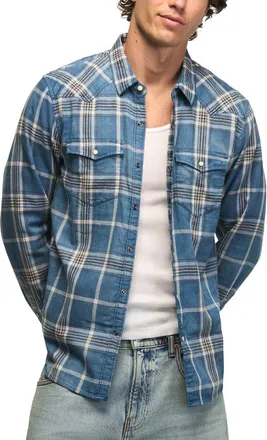 Lucky Brand Mesa Plaid Cotton Snap-Up Western Shirt in Indigo Blue Plaid at Nordstrom, Size X-Large