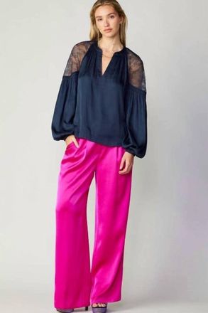 Current Air Lace Shoulder Split Neck Blouse In Slate Navy