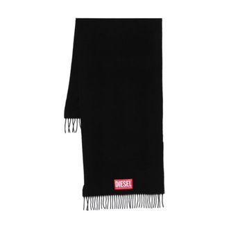 Diesel Zwart Sjaal met Franjes en Logo - Heren - Wintersjaals - Zwart - ONE Size - Accessoires