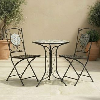 Charles Bentley 3 Piece Wrought Iron Mosaic Bistro Set Table & 2 Chairs in Black