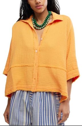 Free People Happy Days Oversized Cotton Gauze Button-Up Top in Iceland Poppy at Nordstrom, Size X-Small