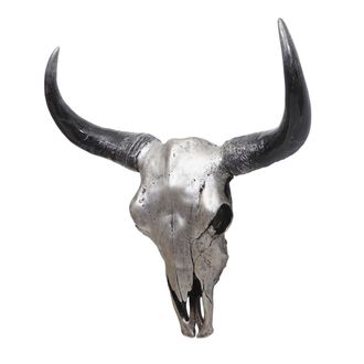 Hhg Hhg - Non Utilizzato] Decorazione Trofeo Teschio Artificiale Realistico Da Parete Toro Poliresina 0154 Silver 45cm