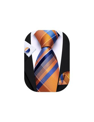 Barry.Wang Mens Orange Blue Tie Silk Tartan Necktie Plaid Pocket Square Cuff Links Sets Wedding Business