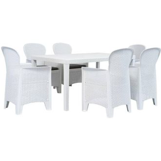 vidaXL Conjunto Cena Para El Exterior 7 Pcs Apariencia De Mimbre De Pl&aacute;stico Blanco