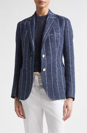 Eleventy Stripe Slubby Linen Blend Jacket in 11 Blue at Nordstrom, Size 10 Us