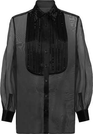 Philipp Plein Plastron Strass Shirt - Dames - Overhemden - Zwart - XS - Organza - Overhemden