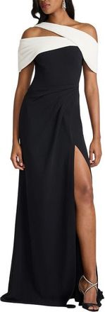 Tadashi Shoji Off the Shoulder Colorblock Crepe Gown in Black/Ivory at Nordstrom, Size X-Small