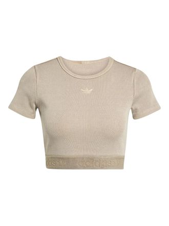 adidas logo-embroidered T-shirt - women - Cotton/Elastane - L - Neutrals