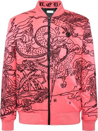 Philipp Plein Satijnen Bomber Skeleton Tattoo - Heren - Bomber jackets - Roze - 3XL - Satijn - Jassen