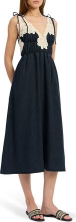 En Saison Natalia Lace Trim Shirred Midi Dress in Vintage Indigo at Nordstrom, Size X-Small