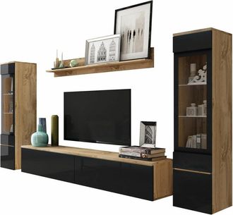 Mirjan24 Mobilier1 - Conjunto De Sal&oacute;n Sarasota 126, Roble Wotan + Negro Brillante