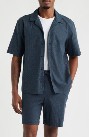 Open Edit Stretch Linen Blend Camp Shirt in Navy Eclipse Geo at Nordstrom, Size Xx-Large