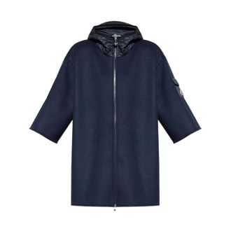 Moncler Jassen, Dames, Blauw, ONE Size, Wol, Wollen Cape met Capuchon en Rits