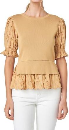 English Factory Mixed Media Eyelet Puff Sleeve Peplum Top in Tan at Nordstrom Rack, Size X-Small