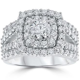 Pompeii3 3 ct Diamond Engagement Wedding Cushion Halo Ring Set 10k White Gold