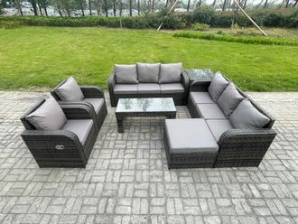 Fimous Wicker PE Rattan Sofa Set Outdoor Patio Garden Furniture with Reclining Chair Coffee Table Side Table Big Footstool Dark Grey Mixed