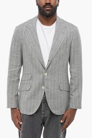 Brunello Cucinelli Blazer Slim Fit in Lana e Lino con Motivo Gessato Brunello Cucinelli