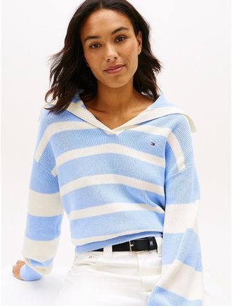 Tommy Hilfiger Womens Stripe Nautical-Collar Sweater Polo - Blue - XS