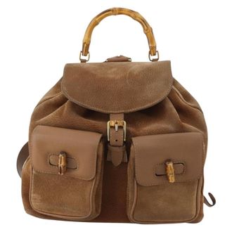 Gucci Vintage Bamboo Backpack Suede And Leather Brown Suede Backpack Bag (Pre-Owned)