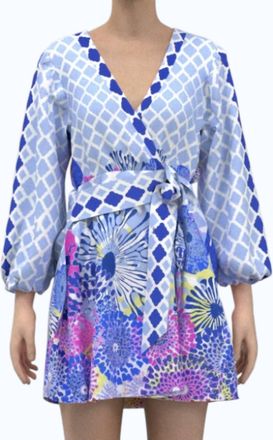 Celina Moon Long Sleeve Floral Wrap Dress In Blue Multi
