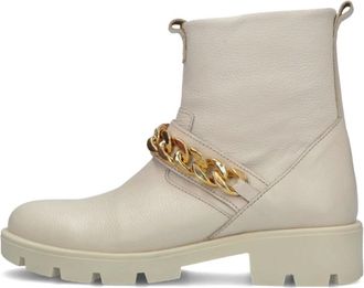 Omoda Schoenen, Dames, Beige, 36 EU, Leer, Beige leren enkellaarsjes met kettingdetail