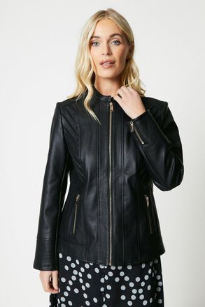 Wallis Womens Petite Black Faux Leather Seam Detail Jacket Viscose - Size 20 UK