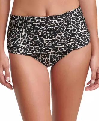 Calvin Klein Animal-Print Pleated High-Waist Bikini Bottoms In Black Multi Jaguar