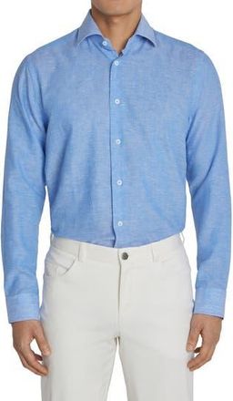 Jack Victor Clandeboye Contemporary Fit Solid Linen & Cotton Button-Up Shirt in Blue at Nordstrom Rack, Size X-Large