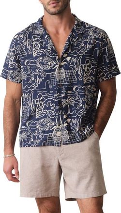 Marine Layer Island Motif Linen Blend Camp Shirt in Navy/white Island Motif at Nordstrom, Size Xx-Large
