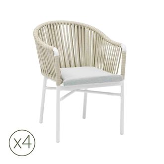 Kerama Pack de 4 sillas de jardin de aluminio blanco y cuerda gris con coj&iacute;n