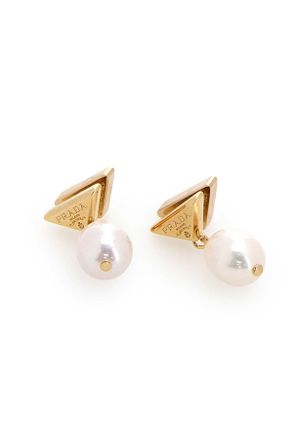 Prada Pearl-Drop Metal Triangle Earrings