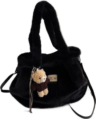 Generic Womens Plush Bags Fluffy Womens Handbag Winter Plush Shoulder Bag Large Capacity Fur Underarm(Black,With pendant)
