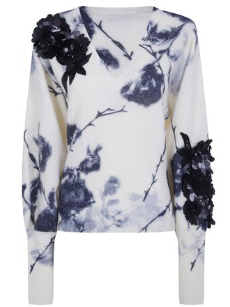 Blumarine Sweater Wool Blend Rose Print And Embroidered